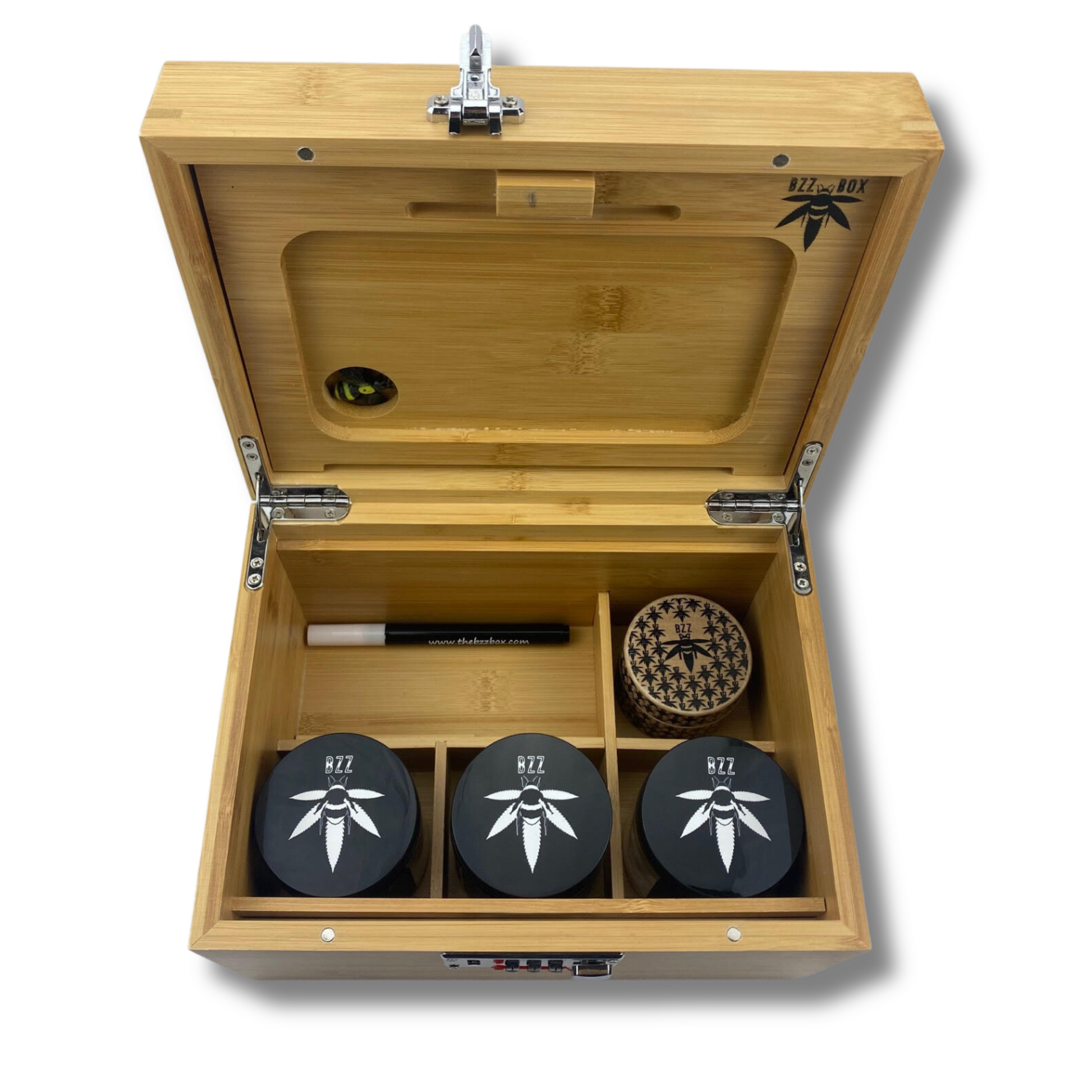 https://www.thebzzbox.com/cdn/shop/files/LargeBzzBoxStashSetBoxes_BinsWoodenBoxTobaccianaBzzBoxLockBoxgrinder101.png?v=1700070163&width=1946